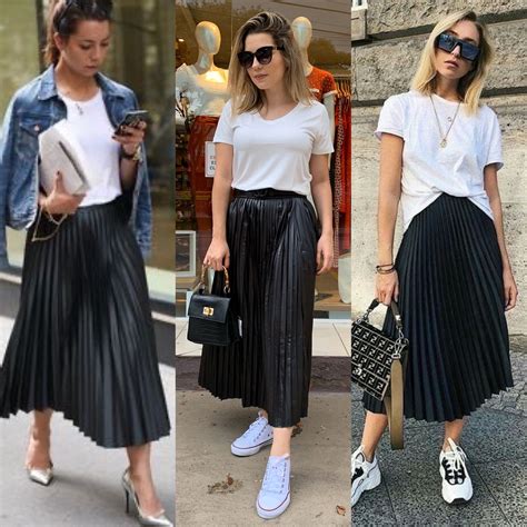 looks com saia plissada preta e tênis